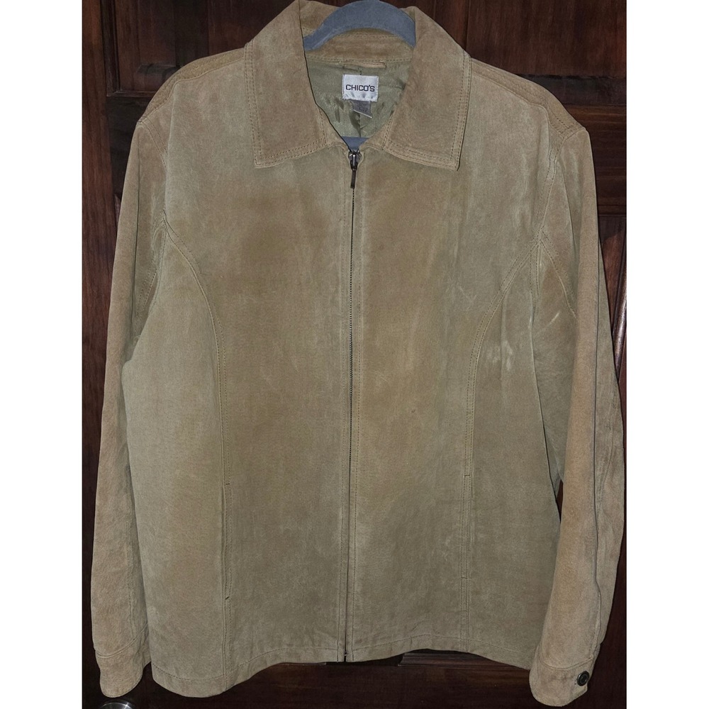 Chicos Tan Suede Leather Zip Front Jacket Size 3 Large XL Vintage Style